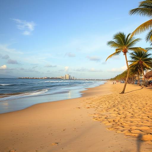 Beachfront view of Durban, South Africa featuring golden sands and palm trees