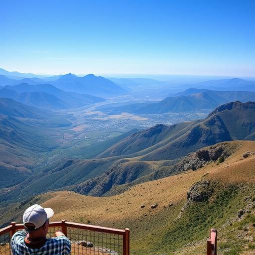 Panoramic view of the Drakensberg mountains in South Africa, showcasing rolling hills and a clear blue sky